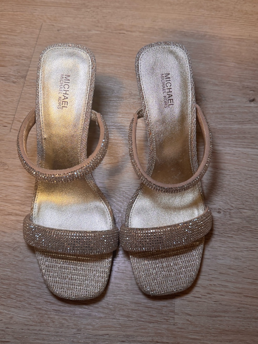 7.5 MICHAEL Michael Kors Gold Crystal-Embellished Sling Sandals worn ONCE
